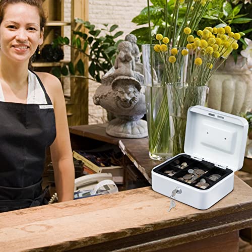 Image of KYODOLED Medium Cash Box with Money Tray,Small Safe Lock Box with Key,Cash Drawer,7.87 inchx 6.30 inchx 3.54 inch White Medium
