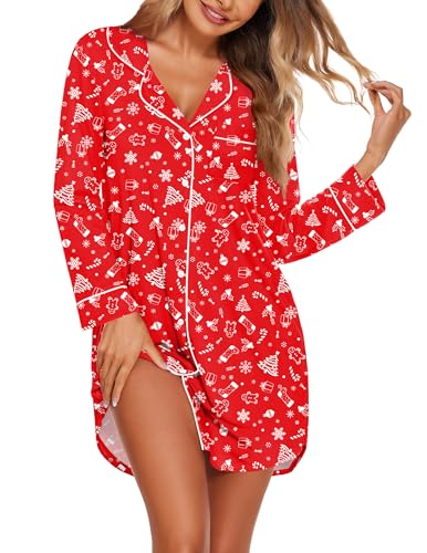 Image of Ekouaer Nightgowns for Women Long Sleeve Night Gown Button Pajama Dress