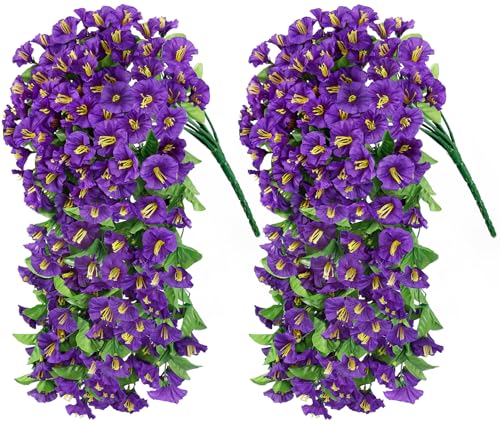 Image of Bassion 2 Pack Artificial Hanging Petunias Flowers for Outdoors, Purple