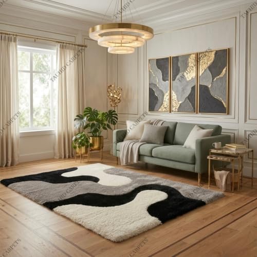 Image of Tauhid Carpet Super Soft Microfiber Shaggy Area Rug Modern Abstract Grey Black & White Plush Carpet | Fluffy Floor Rug for Living Room, Bedroom 2x5 Feet Runner.