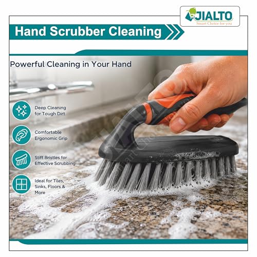 Image of JIALTO Heavy Duty Hand Scrub Brush for Bathroom & Kitchen Cleaning, Ergonomic Non-Slip Handle, Hard Bristle Cleaning Brush for Tiles, Sink, Floor, Grout, Wash Basin & Household Deep Cleaning