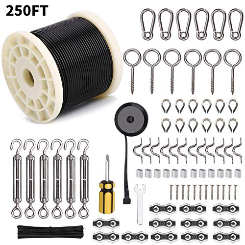 Wayska Outdoor String Light Hanging Kit, Globe String Light Suspension Kit, 250Ft Stainless Steel Cable Light Guide Wire Rope with Turnbuckles and Hooks for Patio,Backyard Lighting Accessories