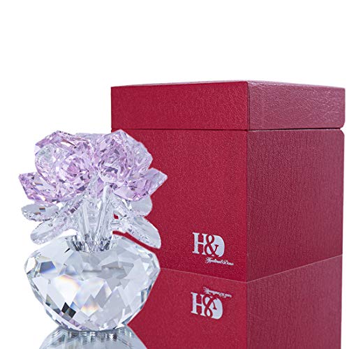 H&D HYALINE & DORA Crystal Rose Bouquet Flowers Figurines Ornament with Gift Box (Pink)