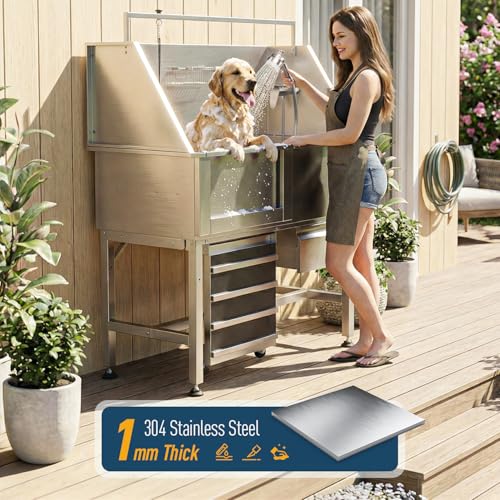 Image of 46 inch Heavy Duty Dog Washing Station - 304 Stainless Steel Pet Bathing Tub with Left Side Ramp, Elevated Grooming Sink with Storage Drawer & Removable Floor Grate, Outdoor Ready for Large & Medium Dogs | 304 Stainless Steel