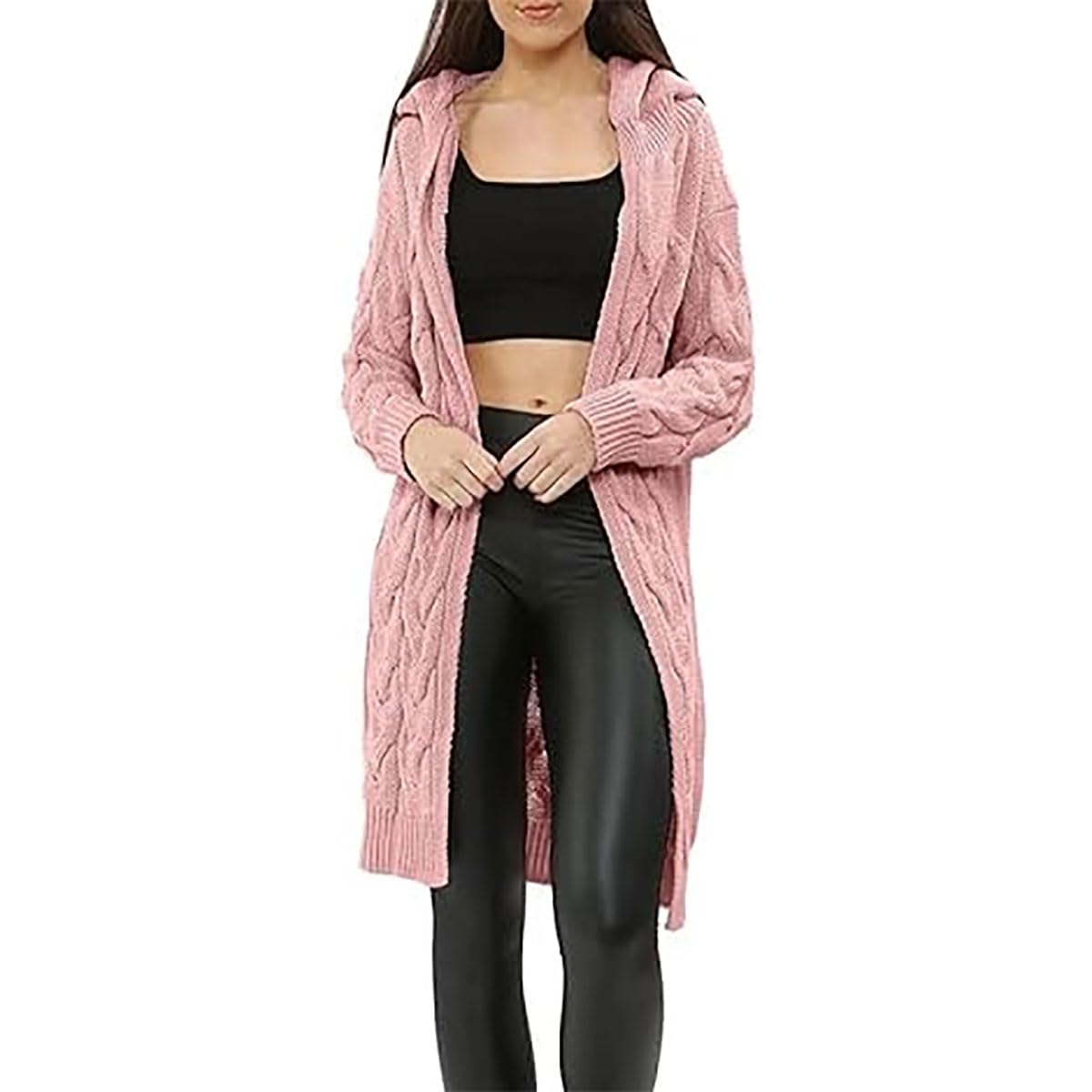 Fashion Mark Women's Rose Pink Chunky Cable Knitted Oversized Longline Hooded Cape Cardigan Baggy Pocket Long Jumpers Coatigan Uk Plus Size 18-26