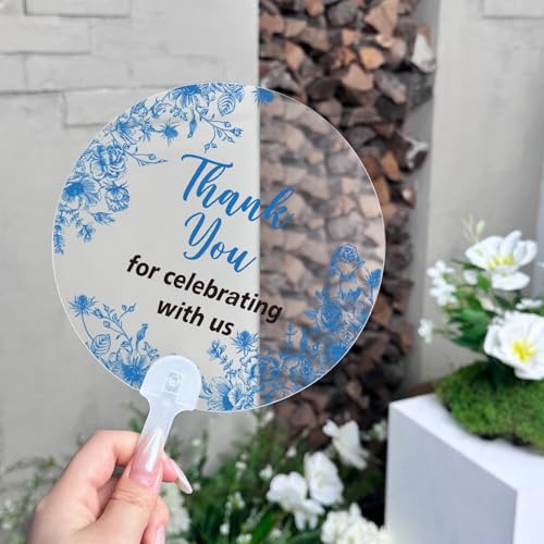 Image of Geelin 50 Pcs Wedding Fans in Bulk Transparent Acrylic Blue Flower Bridal Shower Handheld Favor Fans for Guests Summer Wedding Bridesmaid Gift for Hot Outdoor Ceremony Baby Shower