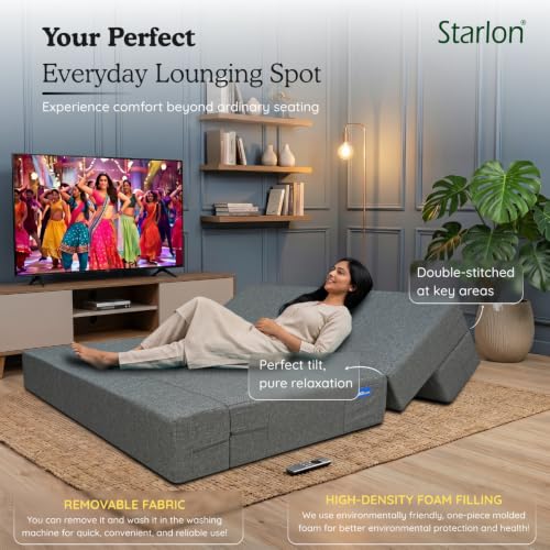 Image of Starlon 3 Seater Foldable Sofa Cum Bed 3-in-1 with 2 Waves Pattern Pillows, Washable Jute Fabric Cover, Space Saving Guest Bed, Pre-Assembled Ash Gray 5x6.5 Ft