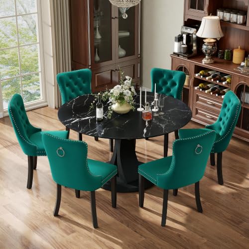 Image of 7-Piece Dining Table Set for 6 with 47 In Black Faux Marble Round Table | Circle Dining Room Table with 6 Velvet Upholstered Chairs, Modern Scandinavian Furniture for Dining Room Kitchen (Green)