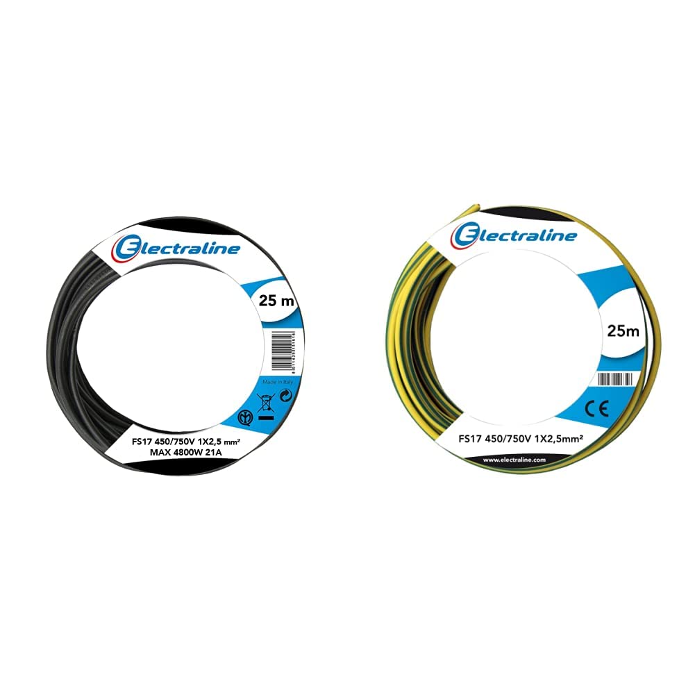Electraline 13142 Cavo Unipolare FS17, Sezione 1 x 2.5 mm², Nero, 25 m & 13172 Cavo Unipolare FS17, Sezione 1 x 2.5 mm², Giallo/Verde, 25 m