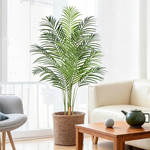 Image of 5ft Artificial Palm Tree - 150cm Tall Fake Areca Palm Plant with 13 Leaves and Realistic Bark Design - Faux Tropical Plants with Pot Perfect for Indoor Home, Living Room, or Bedroom Decor
