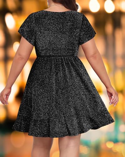 Plus Size Cocktail Dress - Sparkly New Year Eve Party Holiday Wrap V Neck Short Dress4