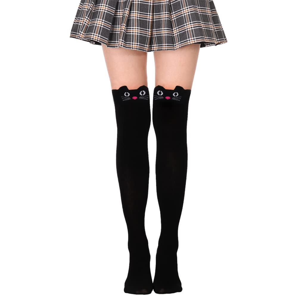 ZibuyuCotton Long Socks For Girls Cute Kitty Design Winter Warm Girls High Knee Socks Gift For Girls 3-12 Years Old Boot Socks For Girls - 1 Pair, Black