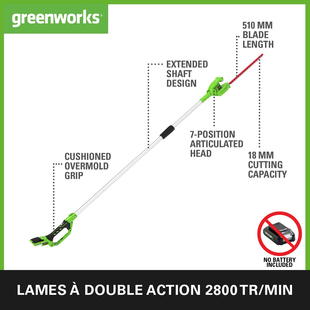 Greenworks G24PH51 Taille-Haie à Batterie sur Perche Modulable, Lames de 51 cm Double Action, Coupe Jusqu'à 18 mm, Pivot de tête de 125°, 1500 tr/min SANS batterie 24V ni Chargeur, Garantie 3 Ans