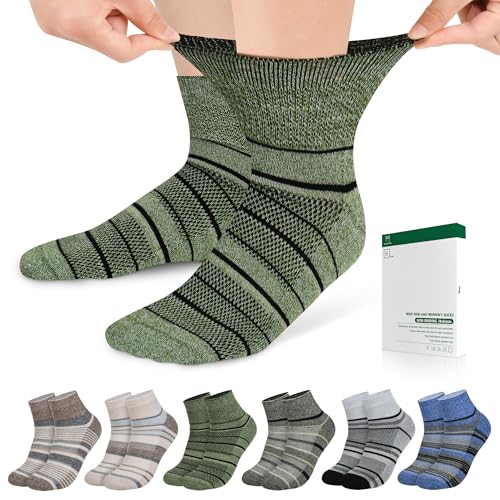 Bulinlulu Diabetic Socks for Men Women,6 Pairs Non Binding Ankle Diabetic Socks for Women Men Size 6-9 9-12(Dark Mix Stripe-Large)