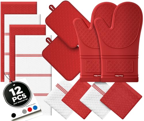 Silicone Oven Mitts and Pot Holders Sets, Baking Kitchen Gloves/Hot Pads 500°F Heat Resistant with Non-Slip Silicone Grip Surface, Includes 2 Cooking Mitts/2 Potholders/4 Kitchen Towels/4 Dishcloths