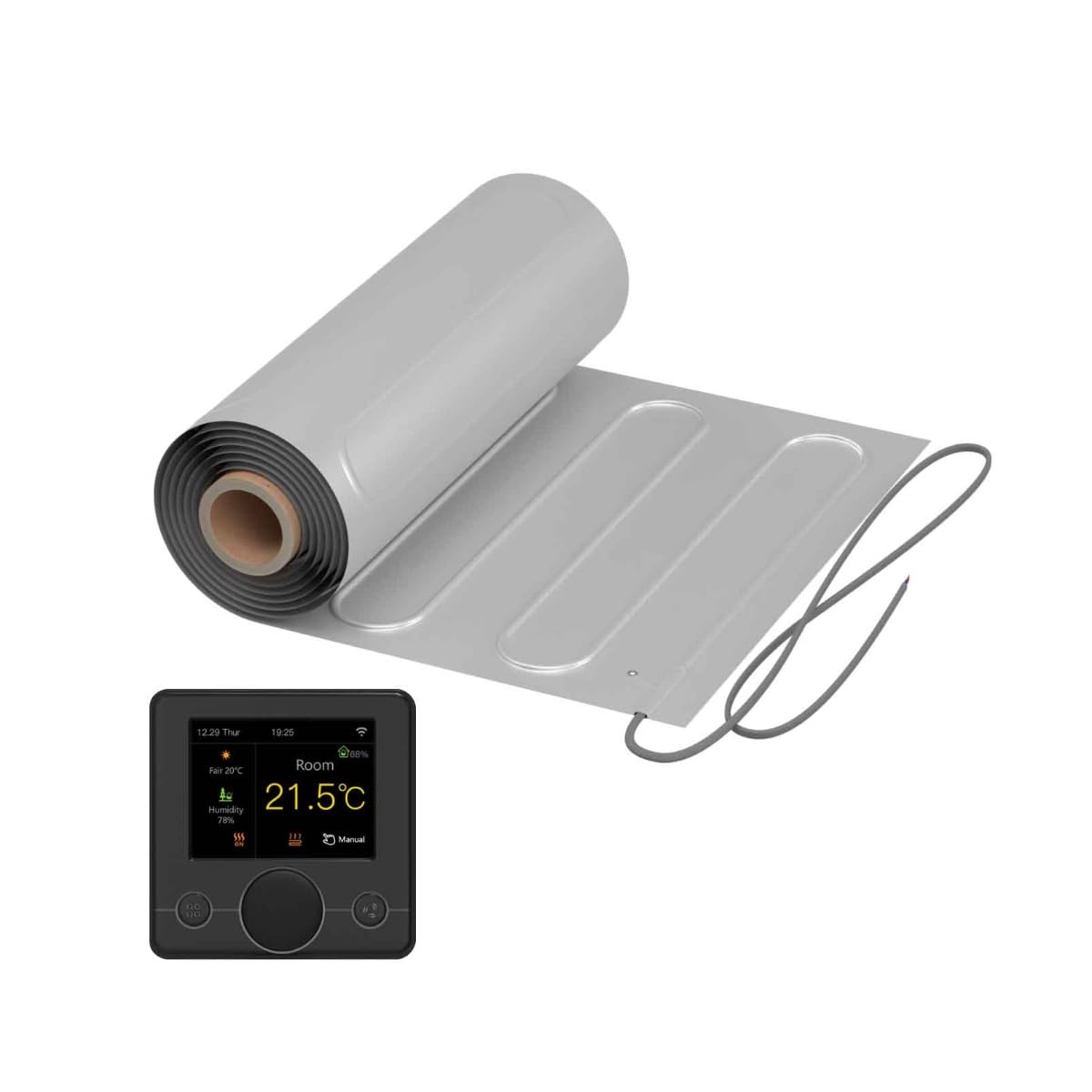 Elektryczne ogrzewanie podłogowe: dwużyłowa mata grzewcza z folią aluminiową WARMON ALU 150 W/m², parkiet, laminat z inteligentnym termostatem seria R7C, kolorowy wyświetlacz LCD, termostat: R7C-716