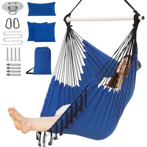 PNAEUT-Hammock-Chair-XXL-Size-Hanging-Chair-Swing-Chair-Max-550-Lbs-Patented-Headrest-2-Cushions-Large-Macrame-with-Pocket-Steel-Spreader-Hardware-Kits-and-Bag-for-Indoor-Outdoor-Navy