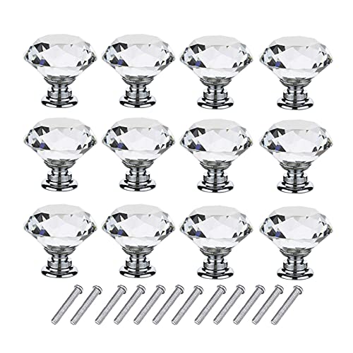 KAISUP 12 PCS Crystal Glass Diamond Drawer Knobs Pull Handle 30mm Cabinet Drawer Pulls Cupboard Knobs with Screws for Home Office Cabinet Cupboard