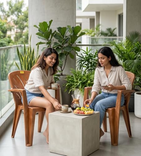Image of Patiofy Plastic Chair for Home & Outdoor Use | Heavy Duty Comfortable Chair with Strong Legs | Stackable, Easy to Clean | Suitable for Living Room, Balcony, Patio Pack of 2 (Elba Sandalwood)