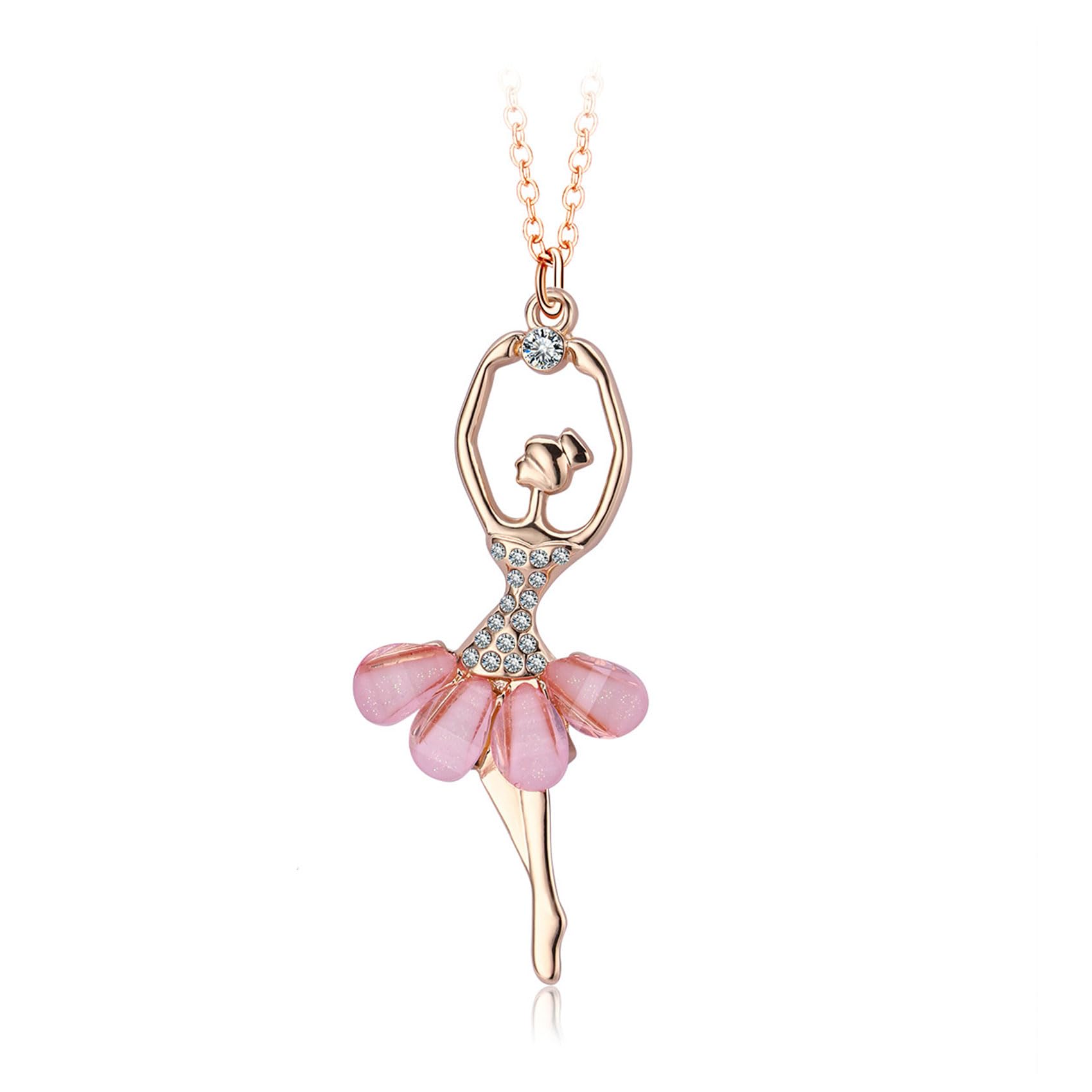 CERSLIMO Girls Necklaces - A Girl Dancing Ballet Dainty Necklace with White Cubic Zirconia & Pink Petal Skirt, Elegant Cute Necklace for Girls Kids Jewellery Gifts Birthday Christmas