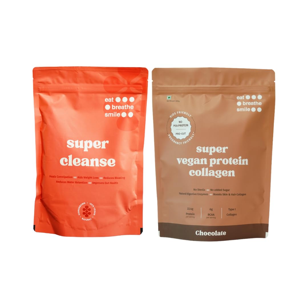 eat breathe smile Good Gut + Protein Bundle Chocolate |SuperCleanse 200gms + Chocolate 500gms| Digestive Health & Nutrition Pack | Healthy Snacks & Supplements-image-1