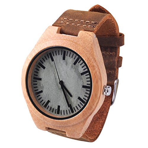 Reloj de Madera de bambú para Hombre, Cuarzo japonés y con la Correa de Cuero Genuino