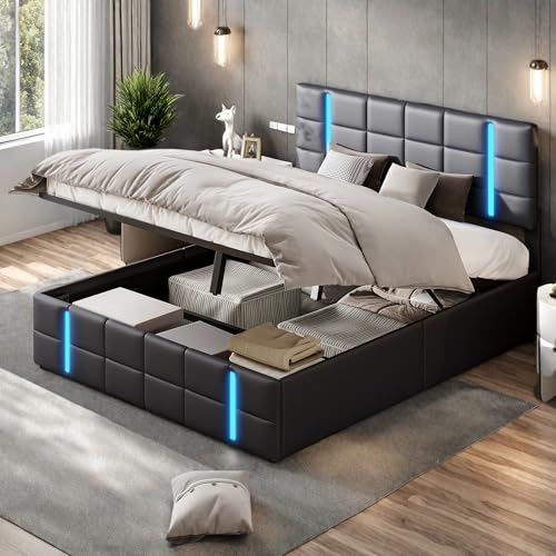 PerGar Hydraulisch Boxspringbett 140x200cm, Polsterbett Doppelbett mit LED und USB-Kopfteil, Stauraumbett Jugendbett Modernes Bettgestell mit Lattenrost, für Schlafzimmer, PU, Ohne Matratze, Schwarz