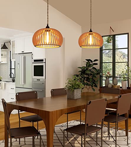 AMZASA Boho Wood Pendant Hanging Light Rattan Wicker Woven Coastal Retro Chandelier Light Fixture for Kitchen Island Dining Room Bedroom Foyer Entryway - Image 2