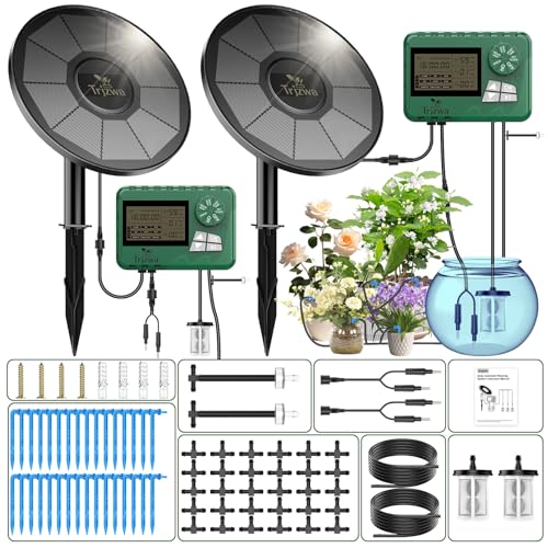 TRJZWA 2-Pack Solar Irrigation System Kit with Early Warning Function,DIY Solar Automatic Drip Irrigation Kits,Automatic Watering System with 30 Drippers for Balcony/Garden/Courtyard/Greenhouse