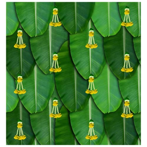 Image of Sri Yagnaa - Backdrop Cloth for Pooja Decoration Traditional - M 12 - Background Curtain Cloth for Festival Decoration (5x8 Ft) (Banana Leaf with Yellow Flowers Backdrop)