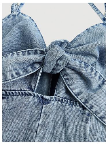 OYOANGLE Women's Vintage Bowknot Spaghetti Strap Denim Romper Sleeveless Wide Leg Jean Short Jumpsuits3