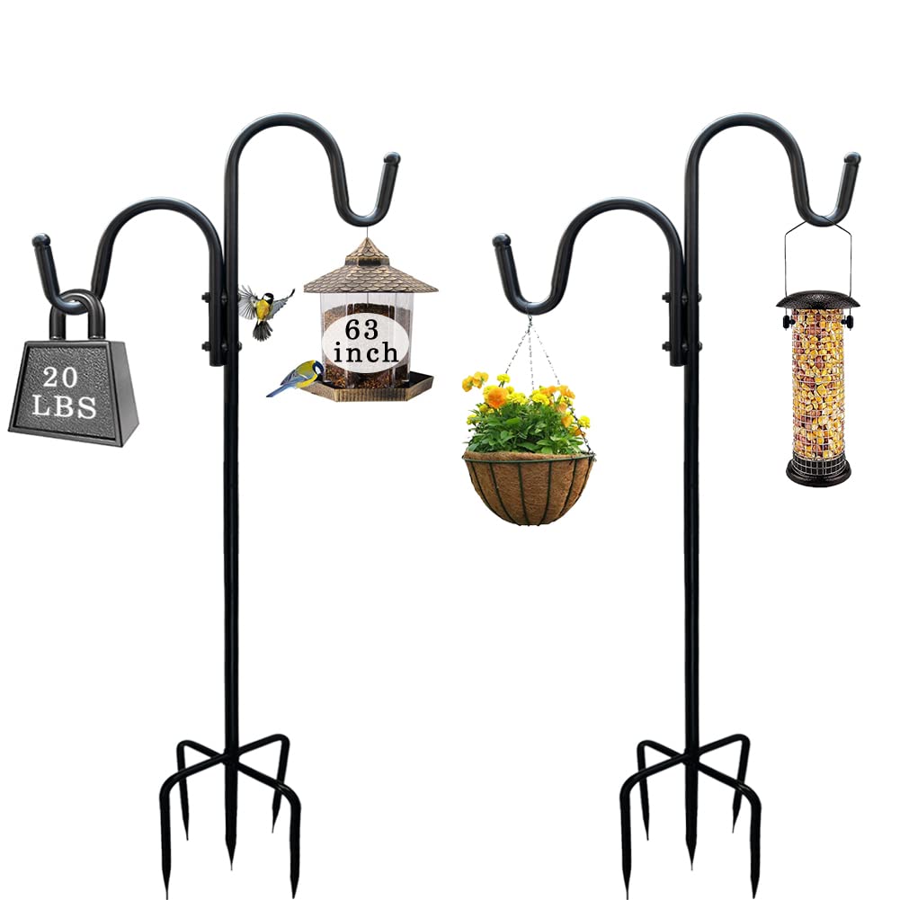 BYBAG Adjustable Double Shepherds Hook,63 Inch Tall Heavy Duty Hanging Stakes Two Sided Garden Pole for Bird-Feeder Lantern Plant-Hook Garden-Stake,Plant Stand Hanger for Outdoor Wedding Decor