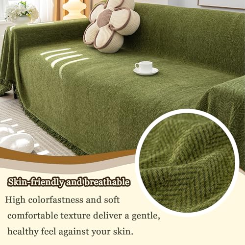 Housse de canapé en chenille chevrons vert olive jeté de lit à pompons pour salon chaleureux