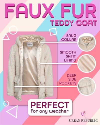 URBAN REPUBLIC Girls Fur Coat Jacket - Long Sleeve Plush Teddy Faux Fur Jacket for Girls with Hood and Pockets (Sizes: 7-16)2