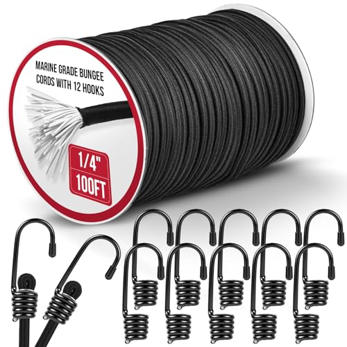 Marine Grade Heavy Duty Bungee Cord Roll with 12 Hooks - Black Elastic Shock Cord Kit for Kayak Deck, Outdoor Camping, Tarp Tie Downs, Bike Rack, DIY Assorted Bungee Ropes (1/4