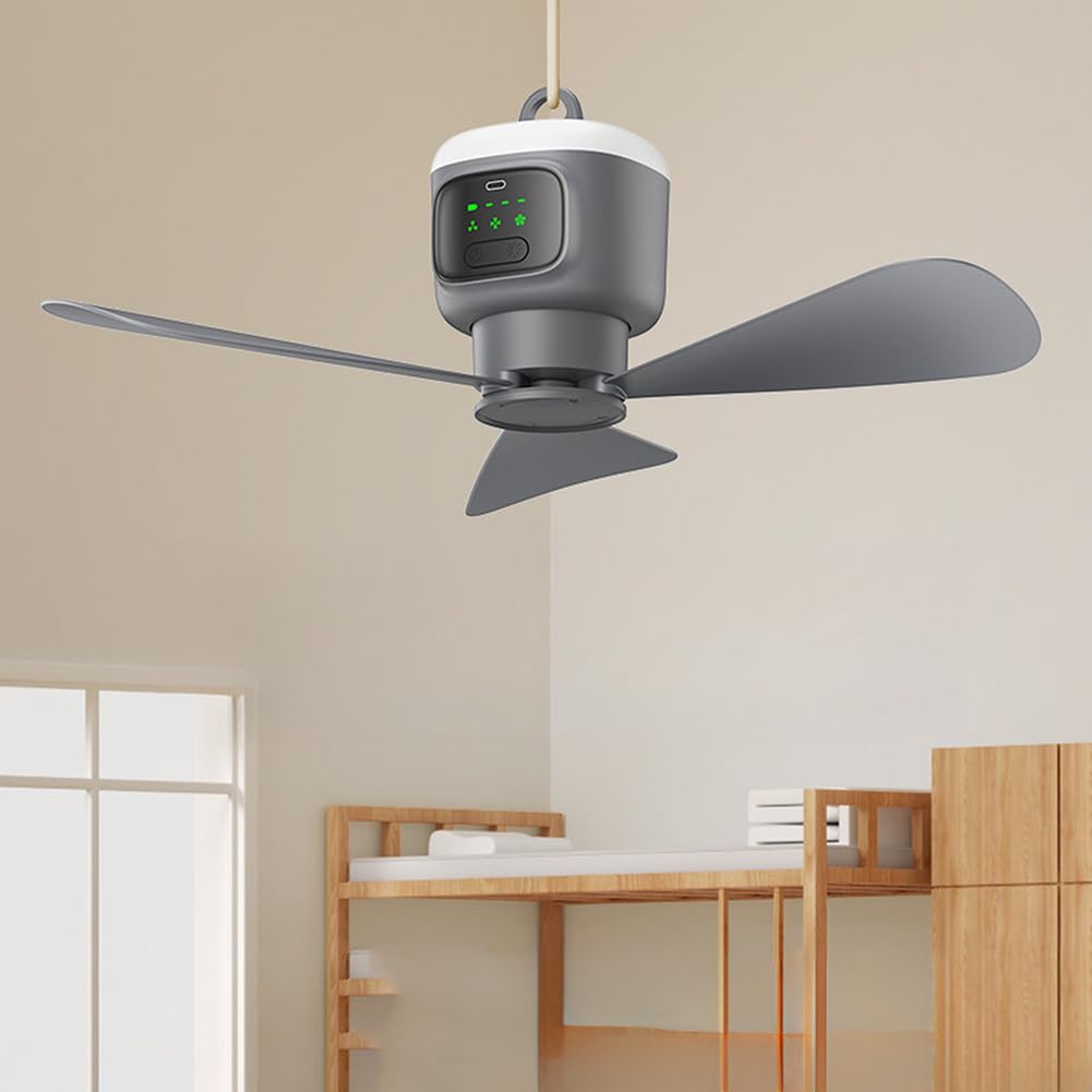 Ventilateur de plafond portable sans fil 12 000 mAh pour camping, dortoir, maison, 4 vitesses, 3 réglages de minuterie, fonctionnement silencieux, télécommande infrarouge