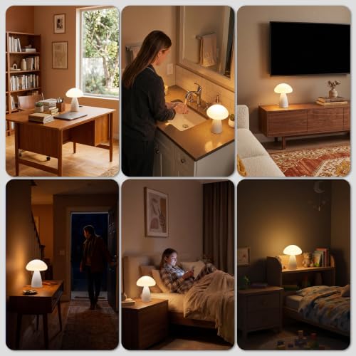 Myrauv Mushroom Lamp, 3 Color Modes Stepless Dimmable Table Lamp, Retro Ceramic Base Bedside Lamp, Decorative Lamp for Bedroom, Nursery, Nightstand (White) - image 6