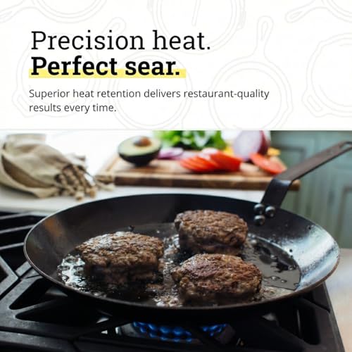 Image of Lodge Seasoned Carbon Steel Skillet - Lightweight High Heat Frying Pan with Long Handle - Quick Temperature Response - Ideal for Searing & Sauteing - 12 Inches