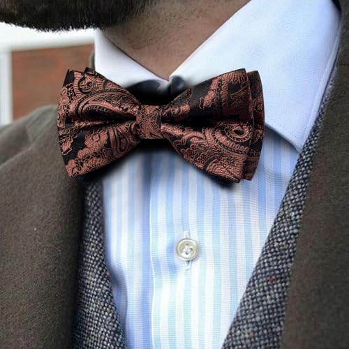 Image of YOHOWA Mens Bow Tie Set Paisley Pre-tied Bowties Adjustable with Handkerchief Cufflinks Gold Ring Set Wedding Prom Party