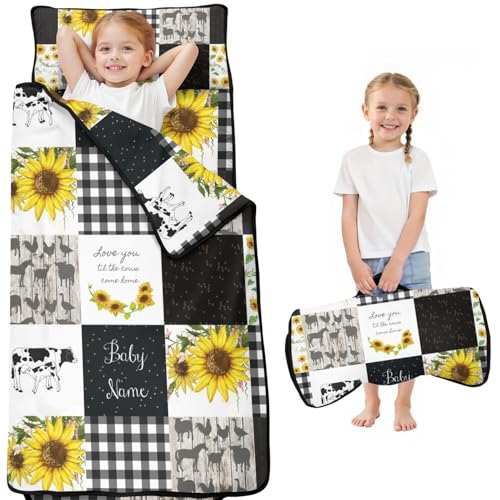 Personalized Cute Cow Toddler Nap Mat with Pillow & Blanket Quilt, Custom Name Sleeping Bag for for Kids Girls Boys Children, Napping Sleep Sack for Preschool Daycare Kindergarten Travel