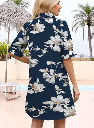 Image of Womens Summer Shirt Mini Dresses 2026 Beach | Flowy Shift Dress, Button V Neck, Polo Collar, Ruffle Short Sleeve, Floral Boho Style, Casual Vacation Outfits with Pockets