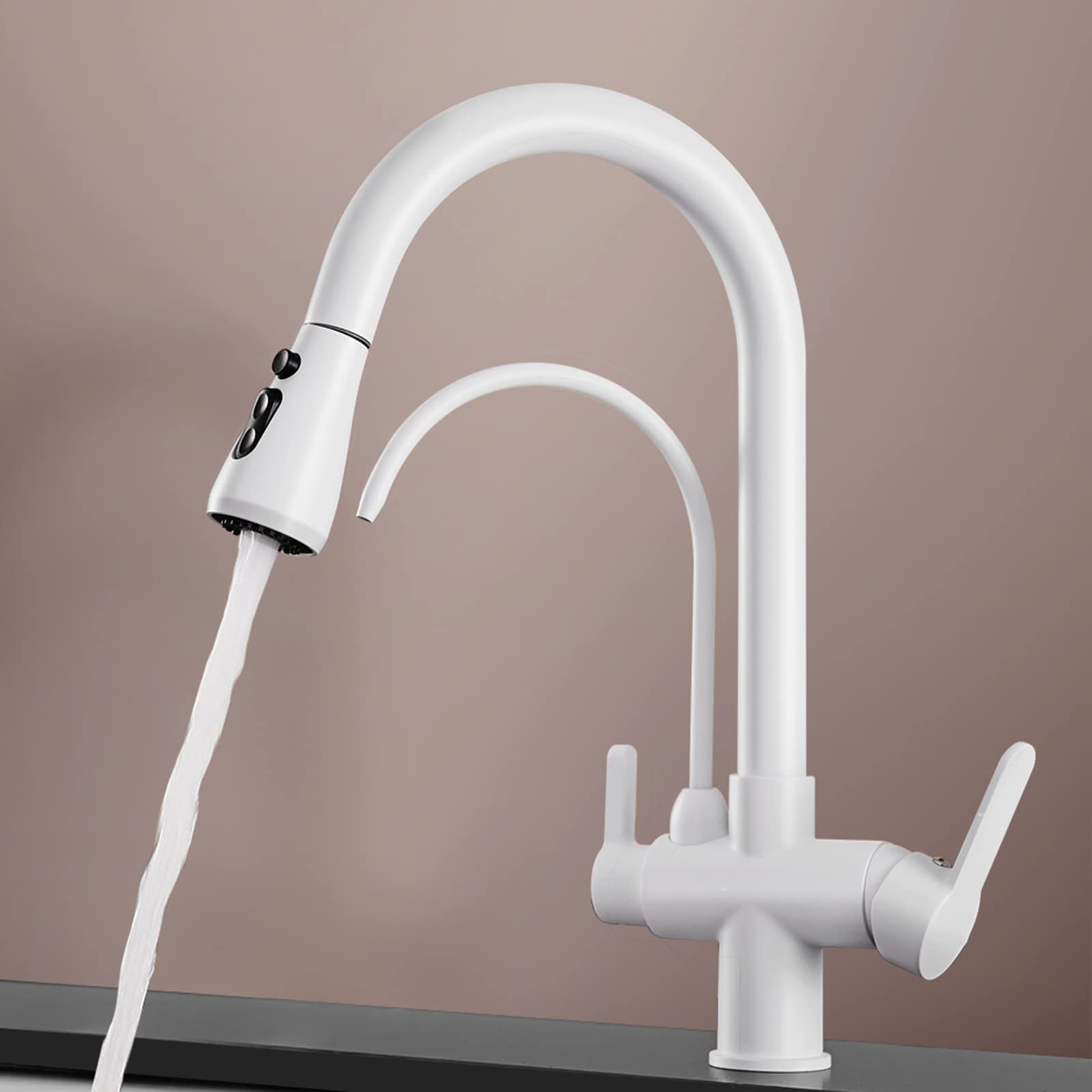 ZYCHSJXA 3-Way Pull Out Spray Kitchen Faucet, White Brass Taps with 360° Swivel, Multifunctional Water Purifier, Modern Sink Mixer Tap