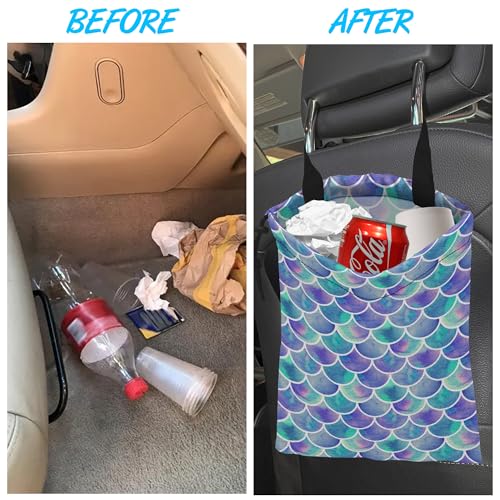 Image of Car Trash Bag Hanging Mermaid Rainbow Scales Car Trash Can Waterproof Garbage Bag Hanging for Car Back Seat