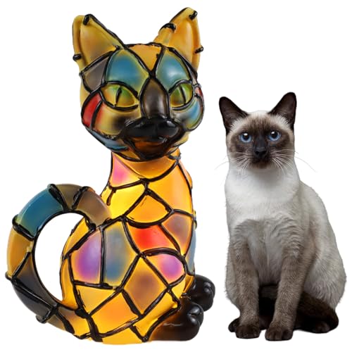 Aohcae Katzenlampe Mosaik, LED Tiffany Leuchtkatze Lampe, Wunderschöne Vintage Tierfigur Lampe aus Harz, USB Tischlampe mit 3D Tierdesign, Geschenk für Katzen und Hundefans [Energieklasse A]