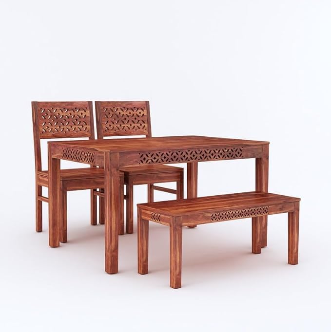 Image of Solid Sheesham Wood Dining Table Set with Chairs | Brown Modern Decorative Dining Set for Home /Office /Dining Room /Hotels | Comfortable Seating, Brown 4 Seater