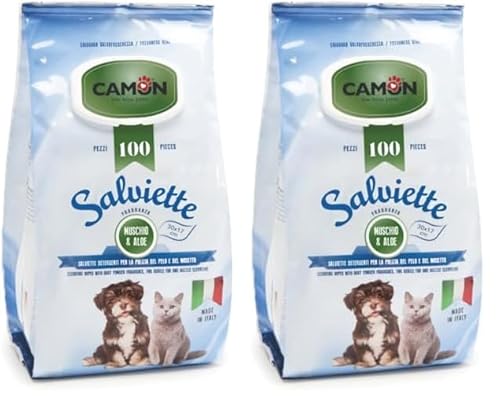 Camon Lingettes nettoyantes pour Le Nettoyage des Cheveux, Parfum Mousse et Aloe – 30 x 17 cm – 100 pièces pour Chiens et Chats (Lot de 2)