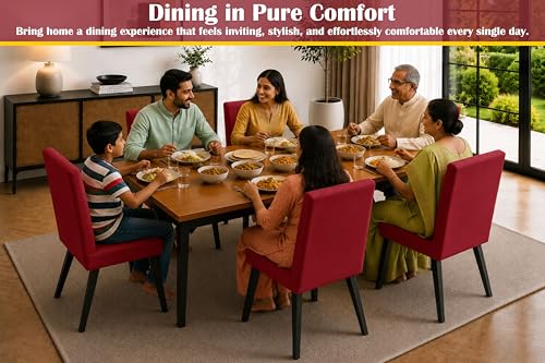 Image of Rosebell 6 Seater Dining Table Set with Cushioned Chairs | Modern Dining Table for Home, Dining Room & Kitchen | Black Metal Legs | Red
