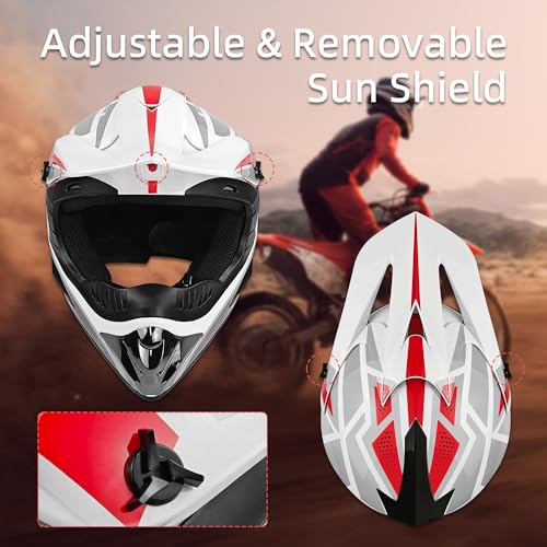 Unisex DOT Certified Youth & Adult Motorcross Dirt Bike Helmet, W-Red X-Large (4 Piece Set)