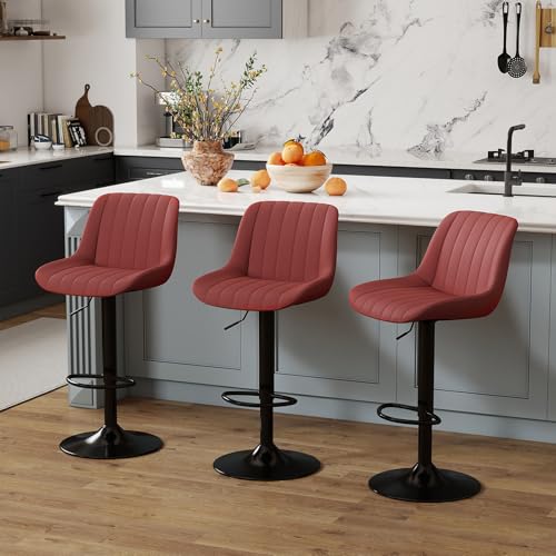 Image of Youhauchair Adjustable Faux Leather Bar Stools Set of 3, Red | Swivel, Counter Height, Back & Footrest, Armless, PU, Modern, Kitchen Island Stool, Upholstered Dining Room Chair