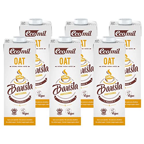 Ecomil - Bebida de Avena Ecológica para Barista, Sin Azúcares, Leche de Avena Sin Lactosa, Para Preparados como Batidos y Cafés - 6 x 1L